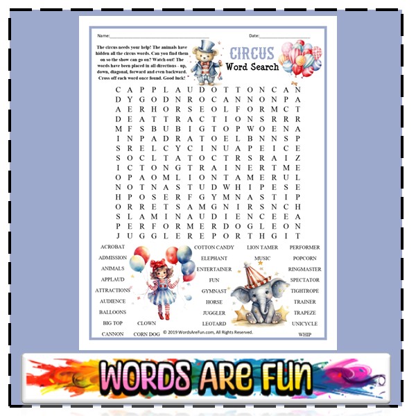 Circus Word Search Puzzle Handout Fun Activity Classful