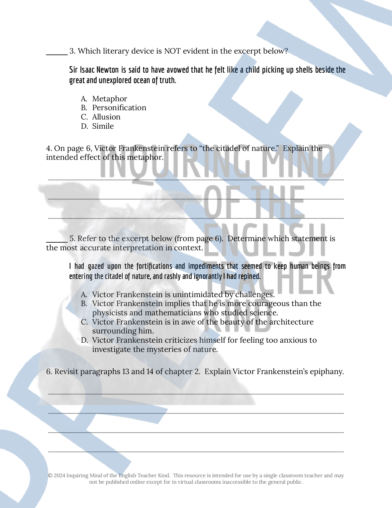 Frankenstein Chapters Through Close Reading Inference Worksheet