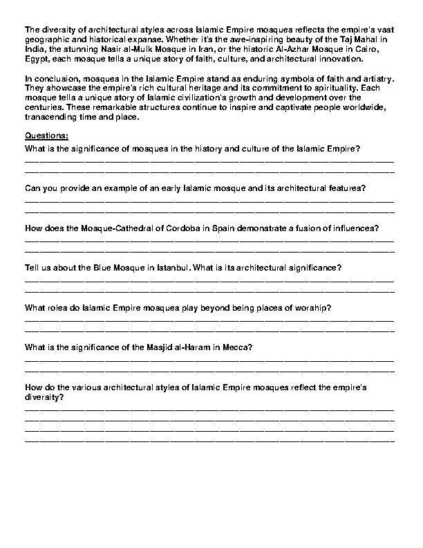 Islamic Empire Islamic Empire Mosques Article And Questions Assignment