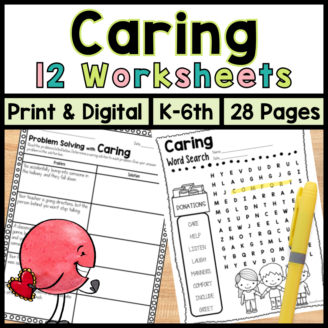 Caring Worksheets | Character Education and School Counseling Activities | Questionnaire, Word Search, Definitions, Banner Flag | Cut and Paste | Word Puzzles's featured image