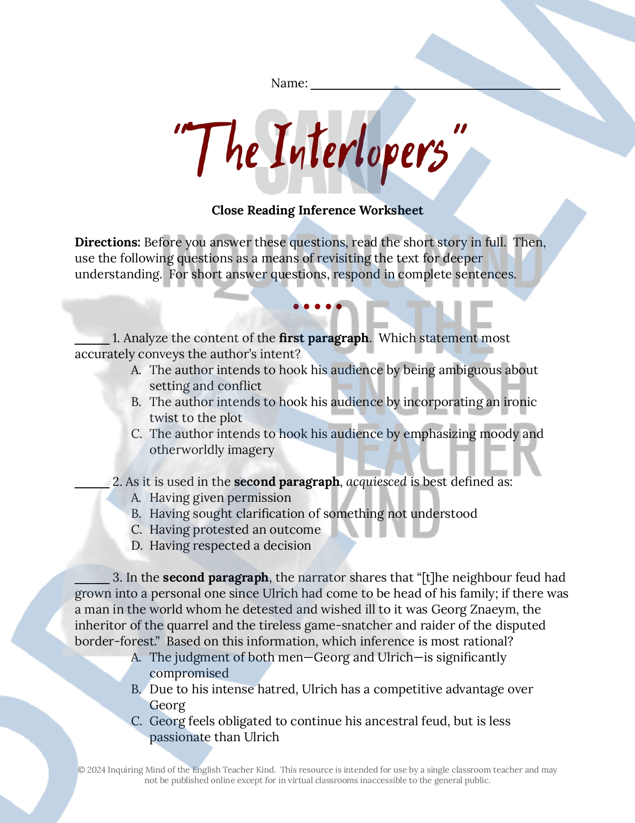 The Interlopers by Saki Quiz, Close Reading Activities, and Vocabulary ...