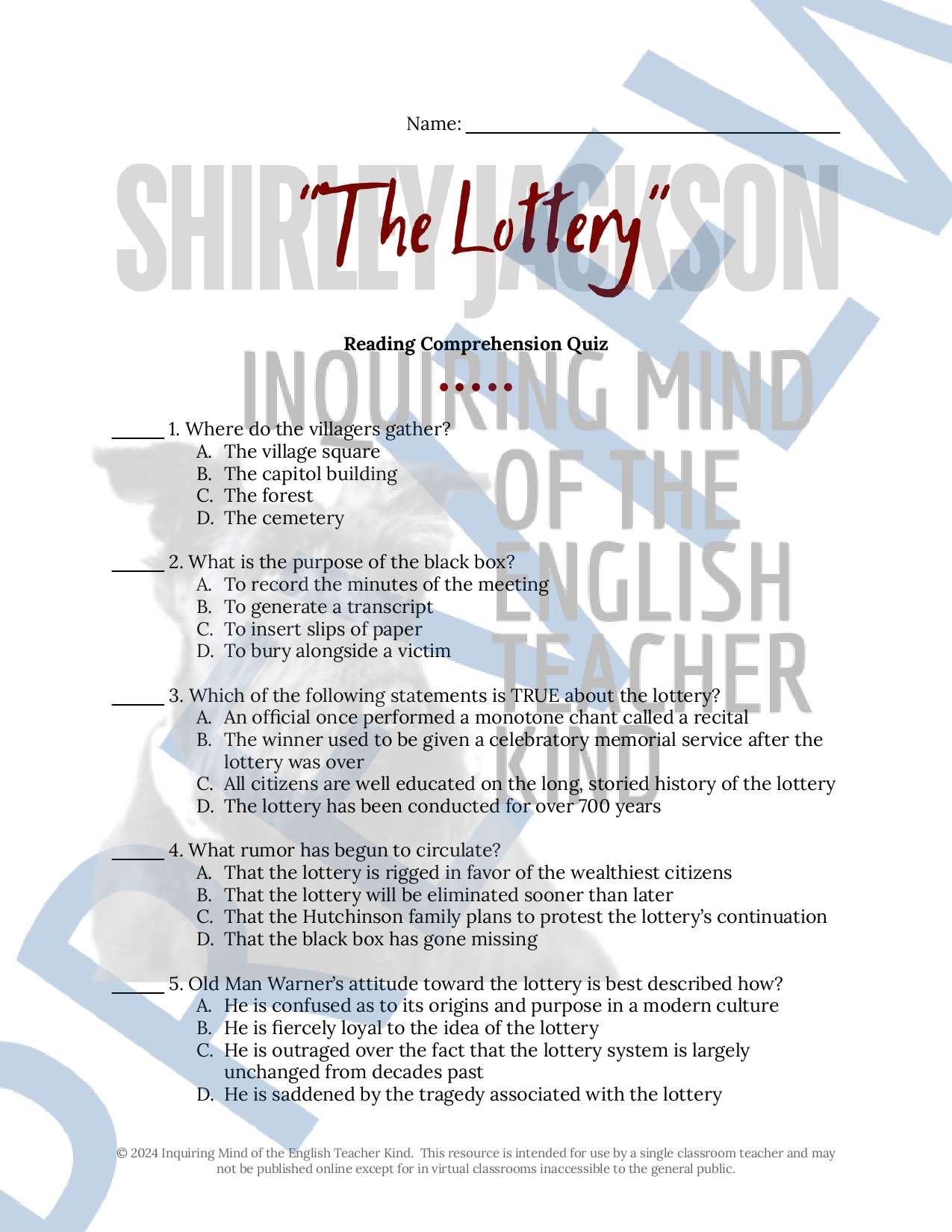 The Lottery by Shirley Jackson Comprehension Quizzes and Answer 