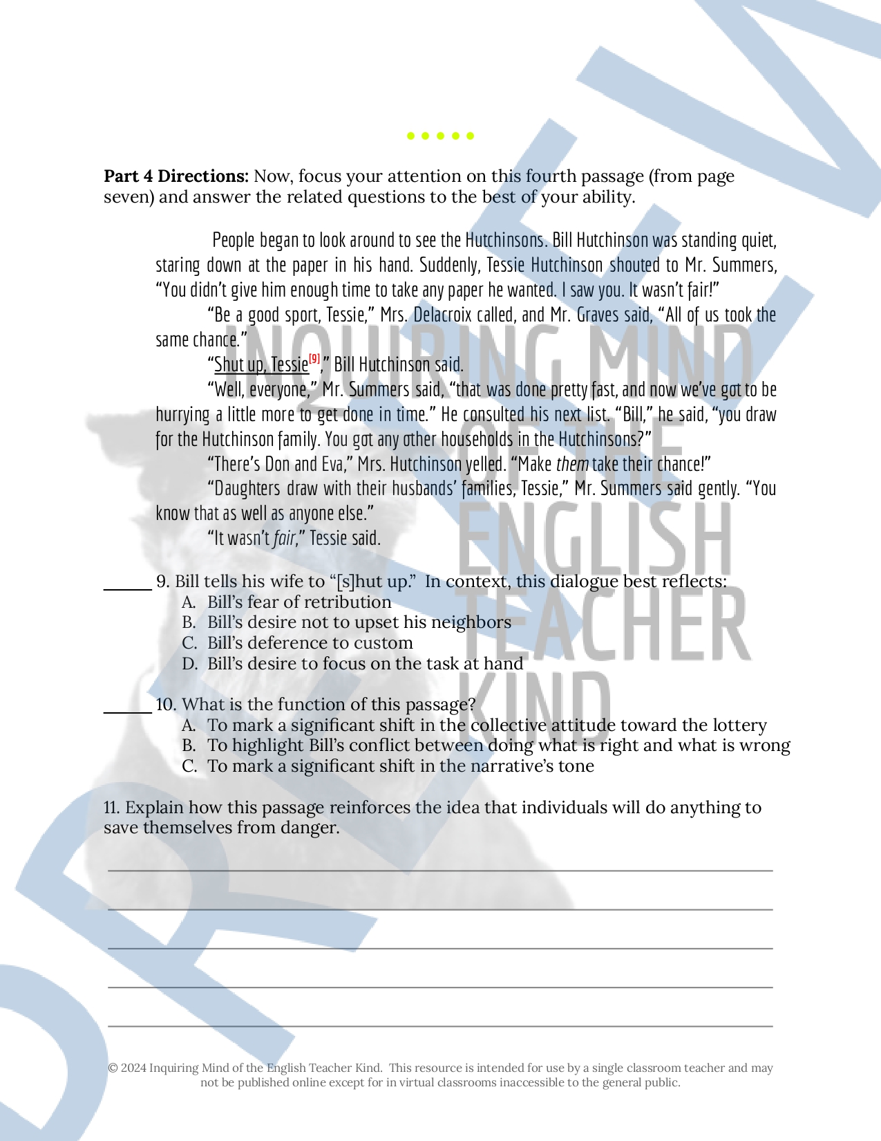 The Lottery By Shirley Jackson Close Reading Analysis Worksheet - Classful