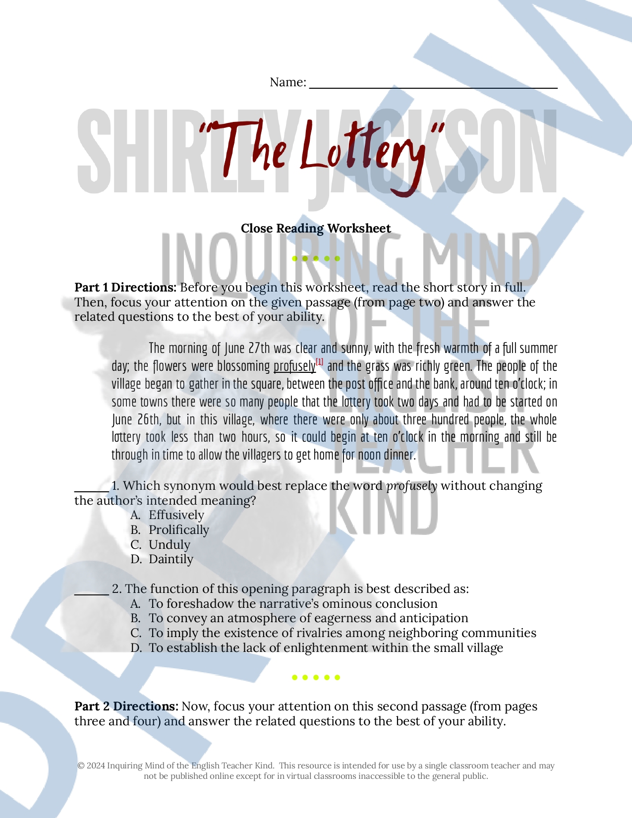 The Lottery by Shirley Jackson Close Reading Analysis Worksheet - Classful