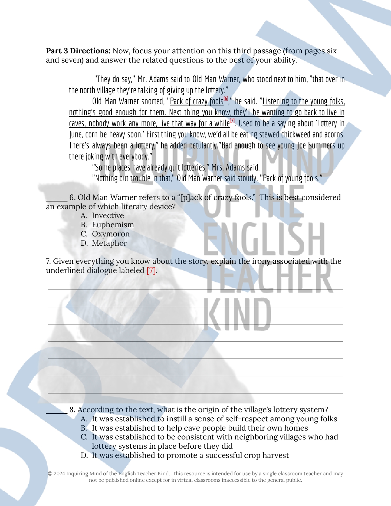 The Lottery by Shirley Jackson Close Reading Analysis Worksheet - Classful