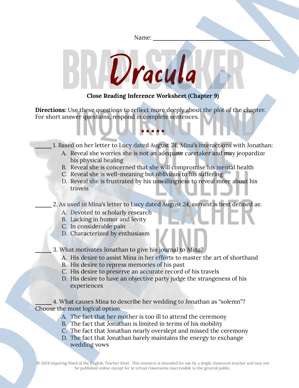 Dracula Chapter 9 Close Reading Analysis Worksheet - Classful