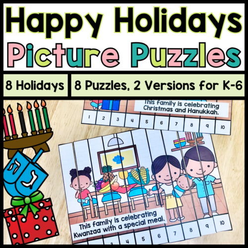 Inclusive Holiday Season Picture Puzzles | Christmas, Kwanzaa, Hannukah, Diwali, St. Lucia Day, La Befana | Social Emotional Learning (SEL) Activity's featured image