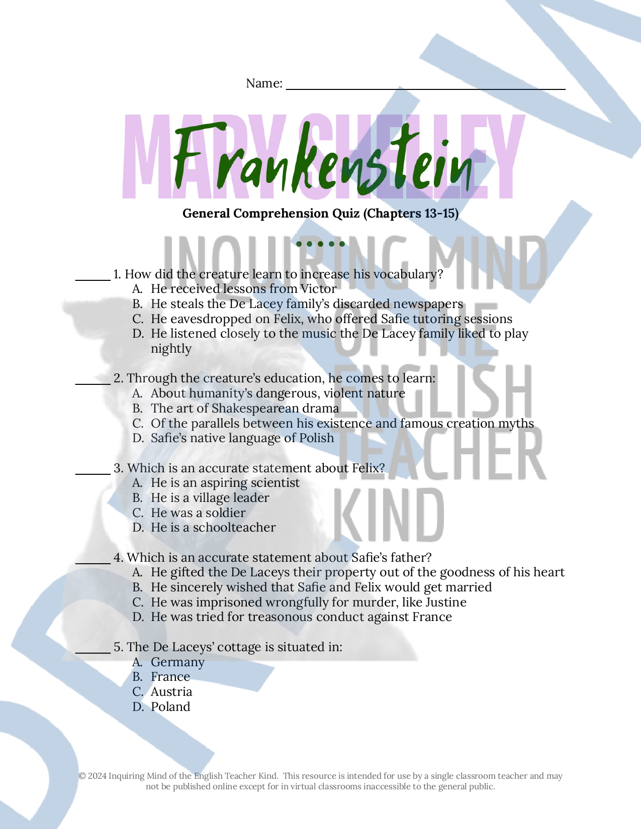 Frankenstein Chapters 13 through 15 Quiz and Answer Key - Classful
