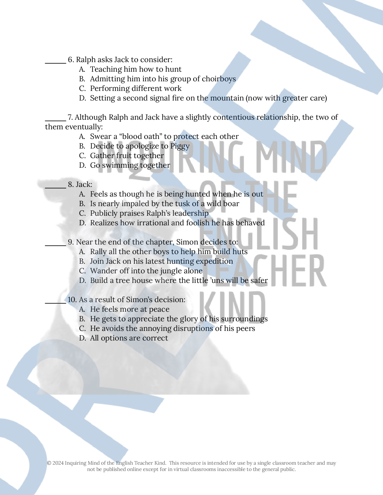 Lord of the Flies Chapter 3 Quiz and Answer Key - Classful