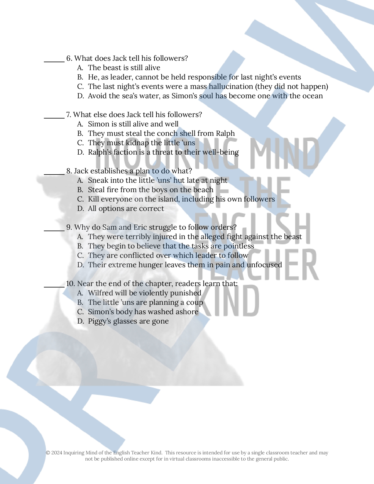 Lord of the Flies Chapter 10 Quiz and Answer Key - Classful