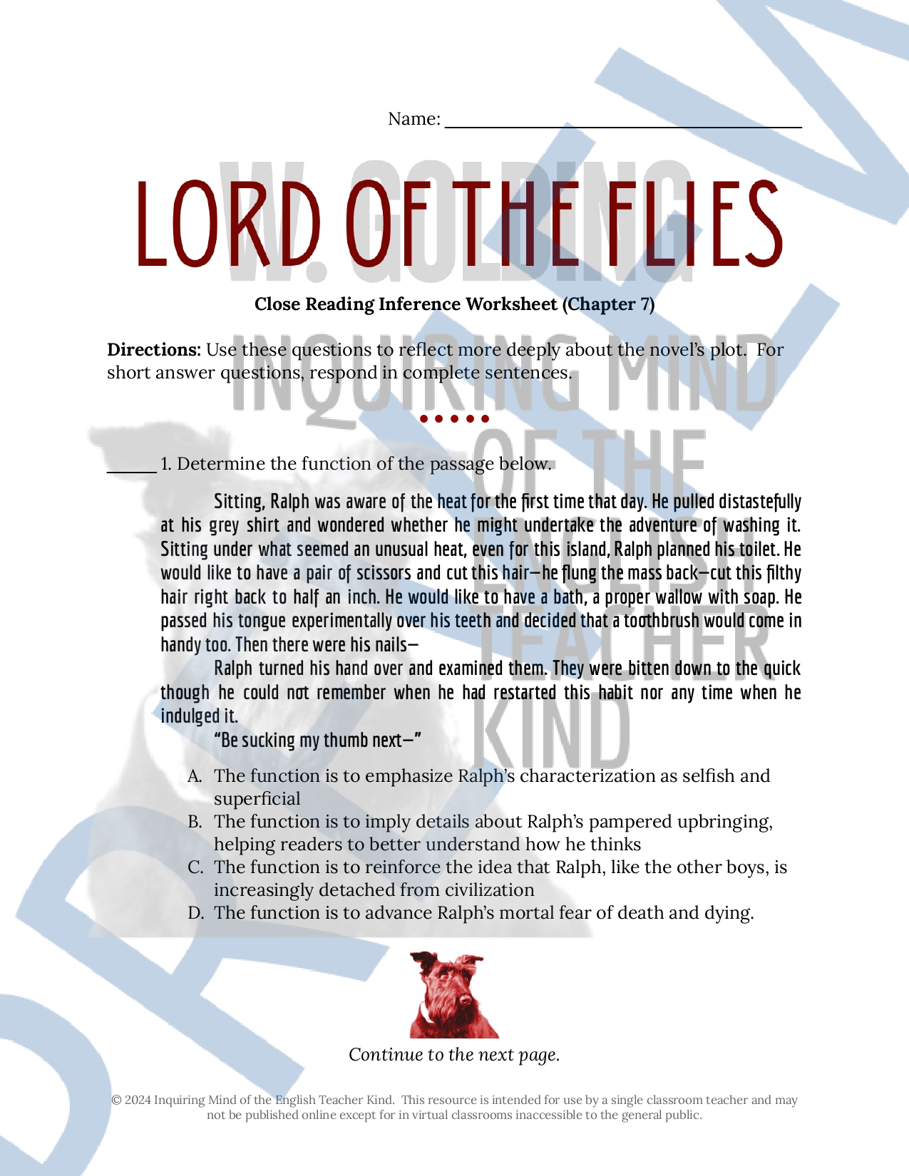 Lord of the Flies Chapter 7 Close Reading Analysis Worksheet 