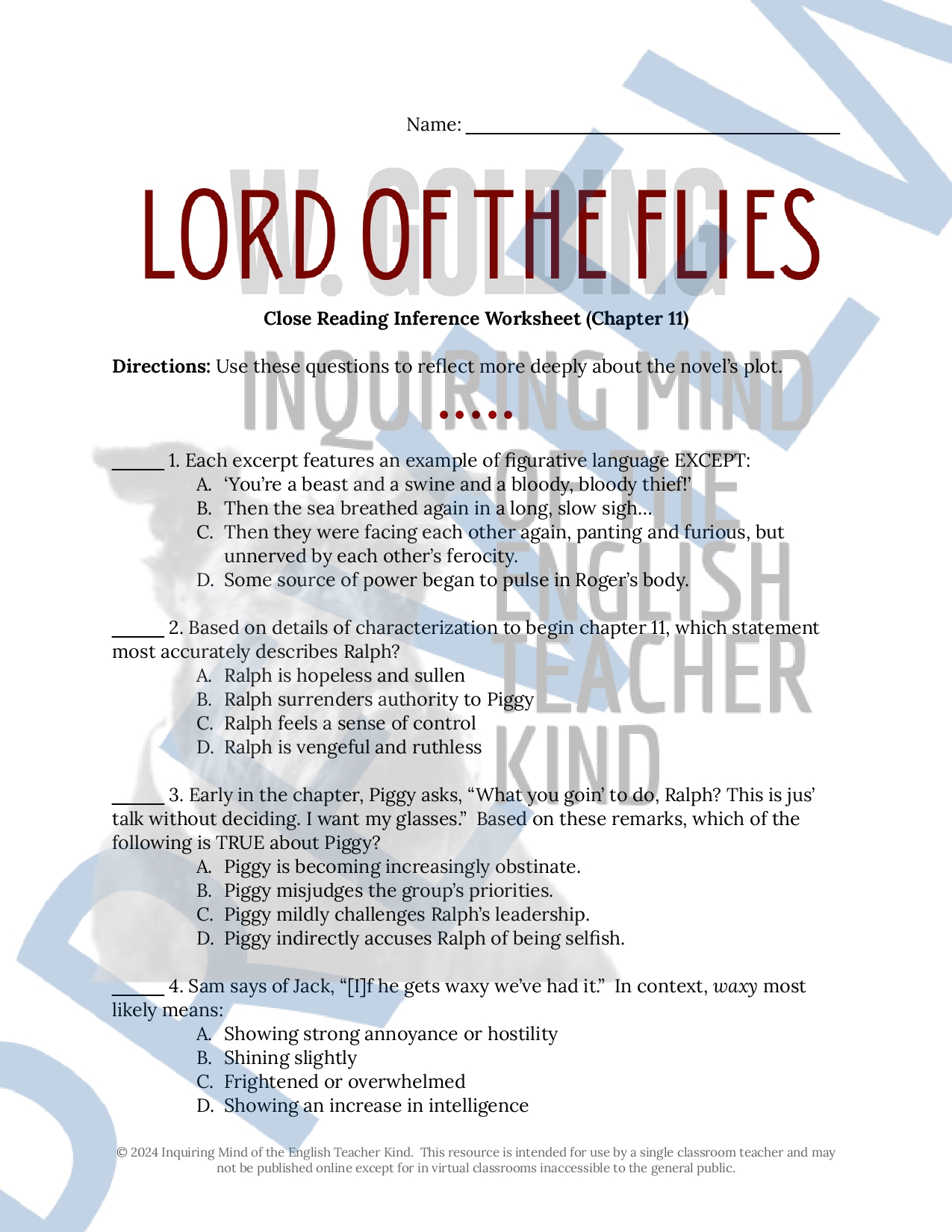 Lord of the Flies Chapter 11 Close Reading Analysis Worksheet 