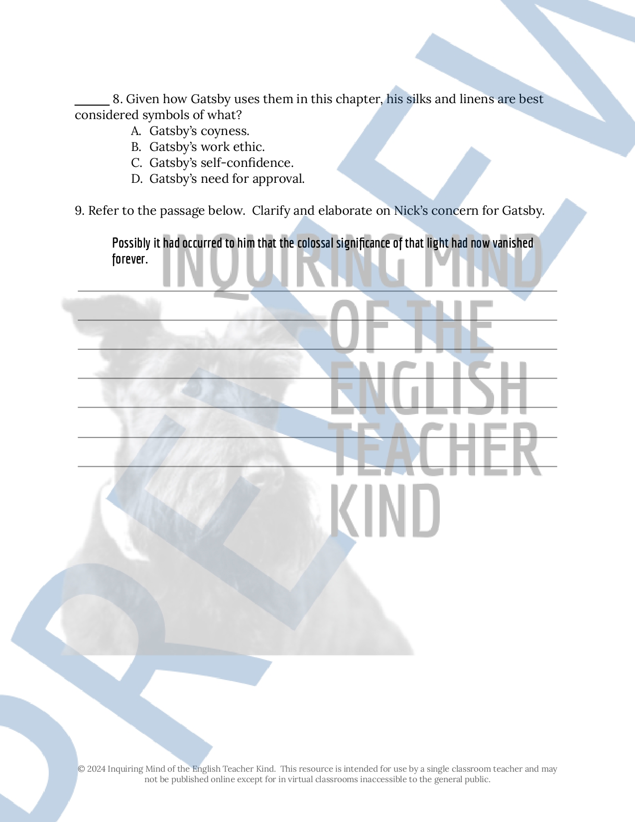 The Great Gatsby Chapter 5 Close Reading Inference Worksheet for High ...