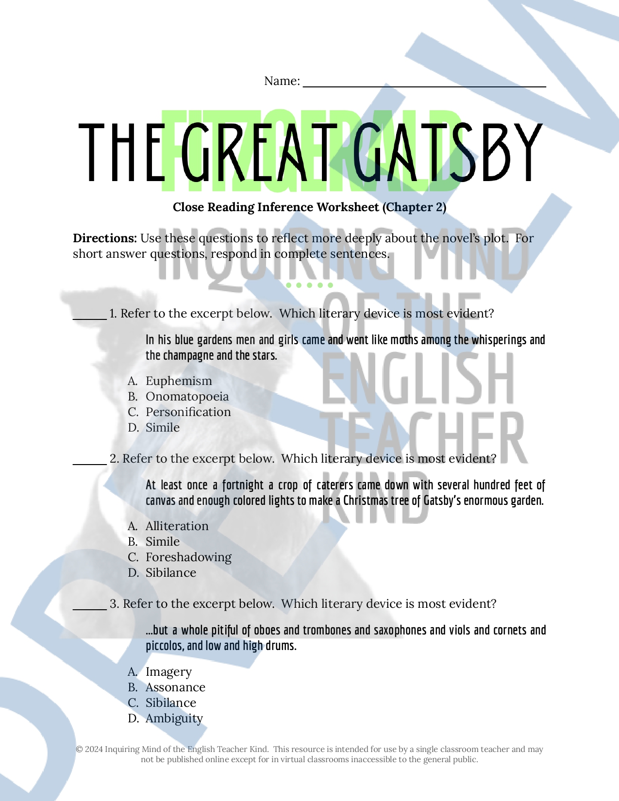 The Great Gatsby Close Reading Inference Worksheets for High School ...