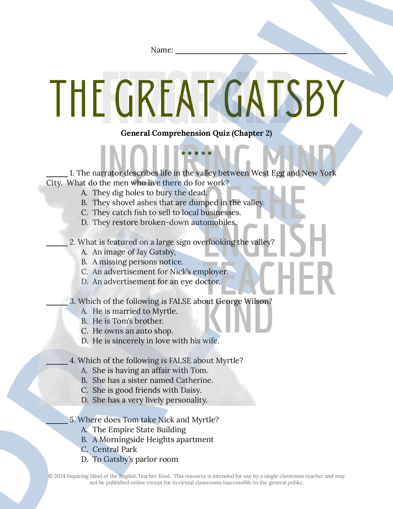 The Great Gatsby Chapter 2 Quiz and Answer Key - Classful