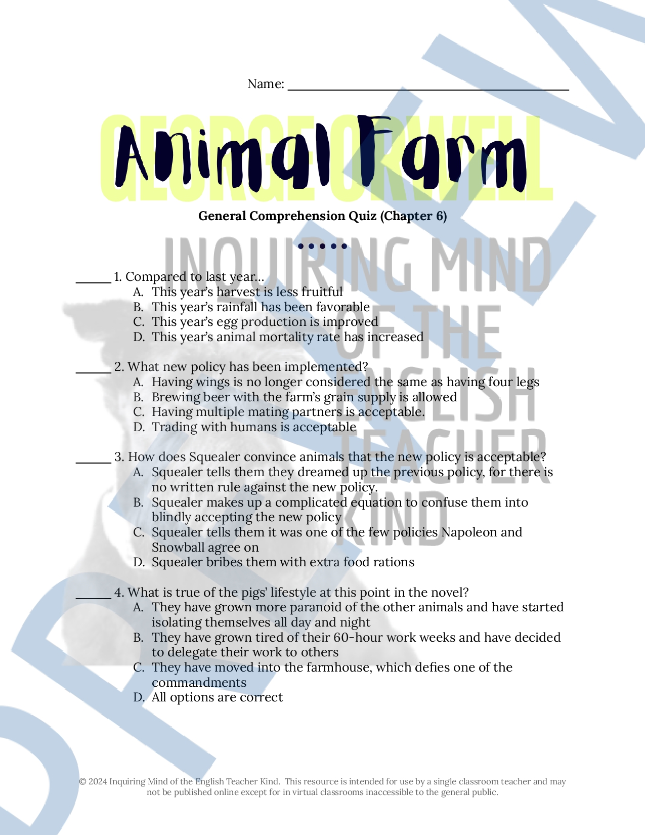 Animal Farm Chapter 6 Quiz and Answer Key - Classful