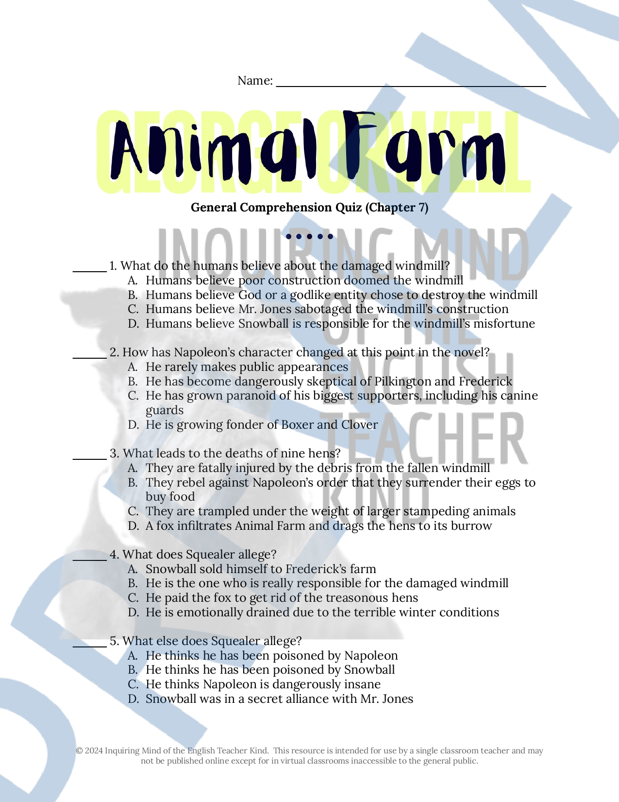 Animal Farm Chapter 7 Quiz and Answer Key - Classful