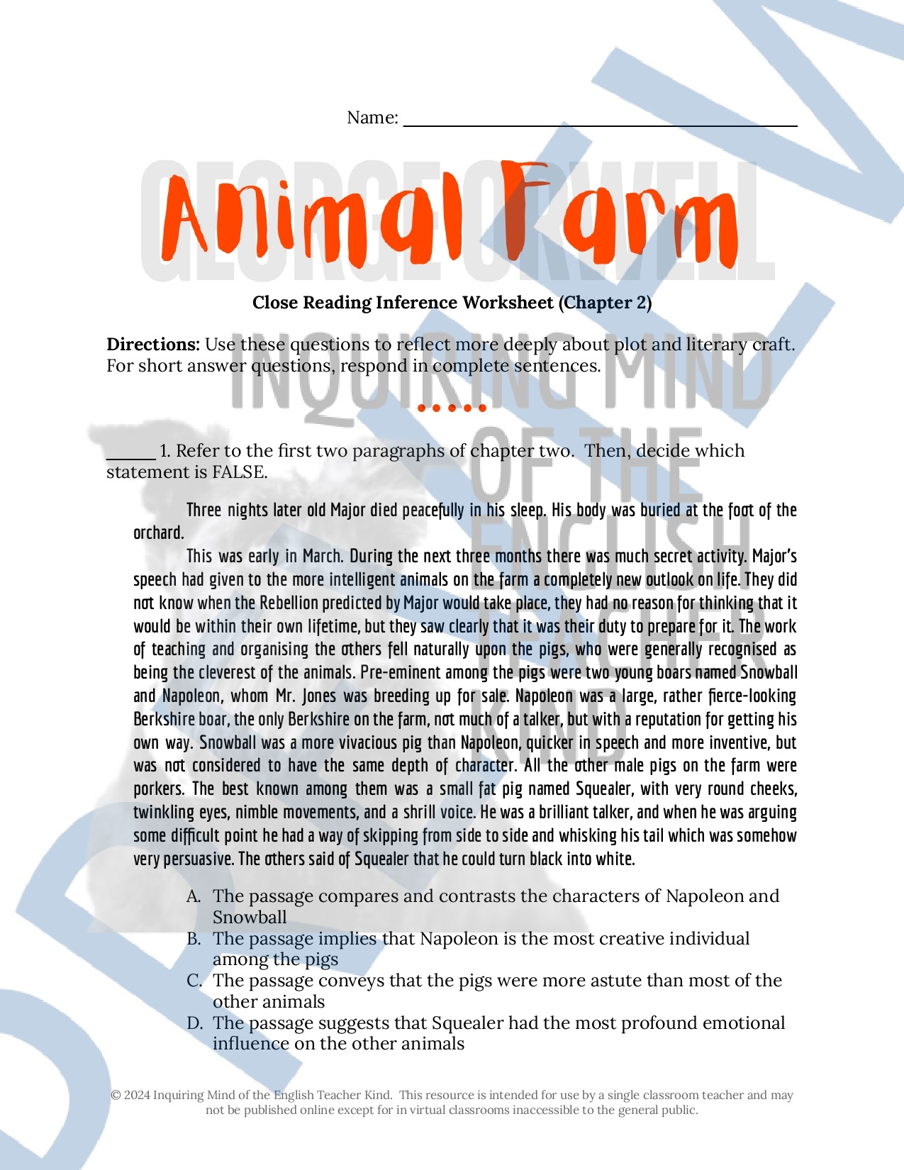 Animal Farm Chapter 2 Close Reading Analysis Worksheet and Answer 