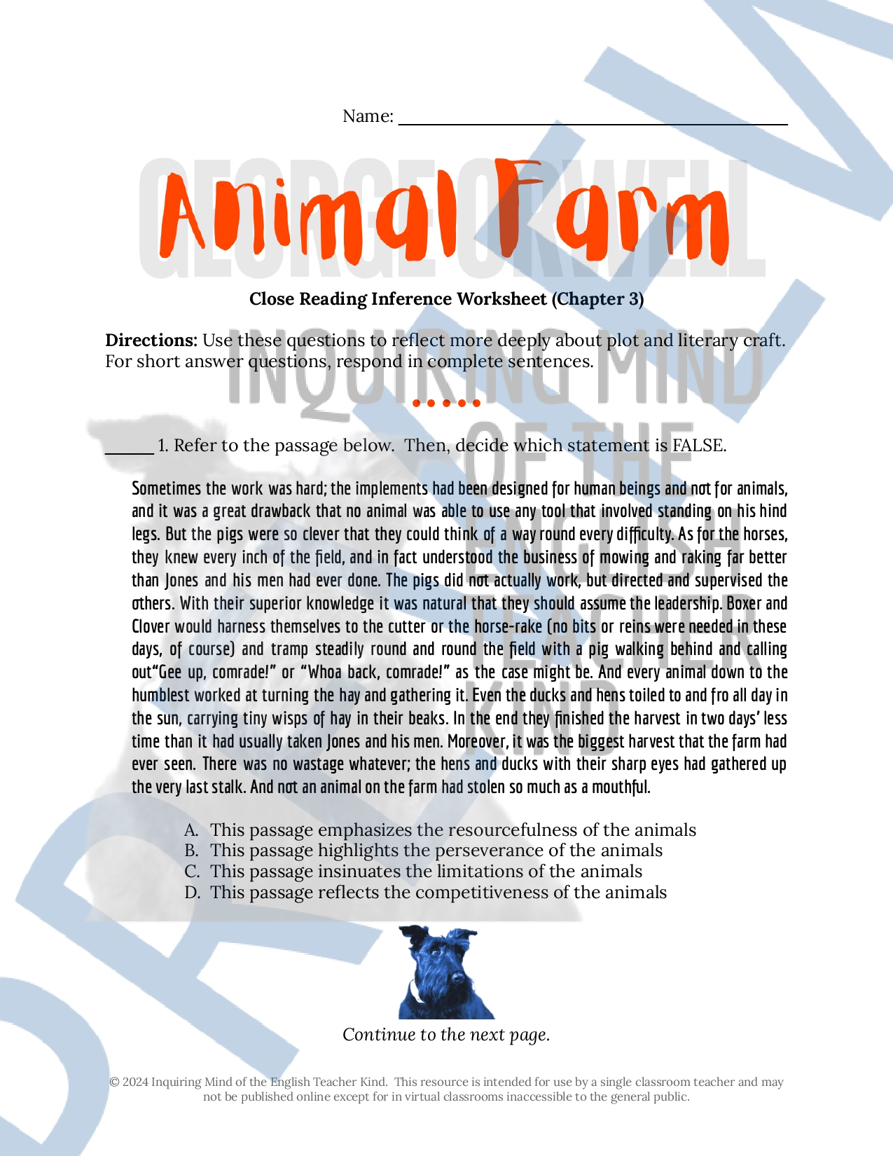 Animal Farm Chapter 3 Close Reading Analysis Worksheet and Answer 