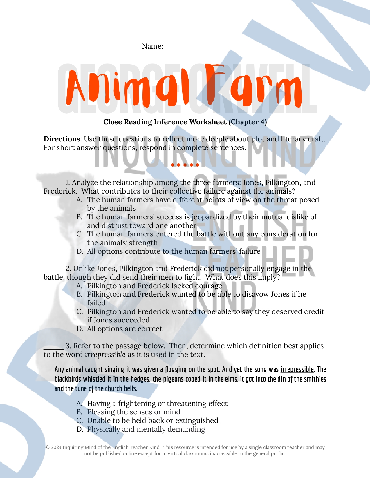 Animal Farm Chapter 4 Close Reading Analysis Worksheet and Answer 