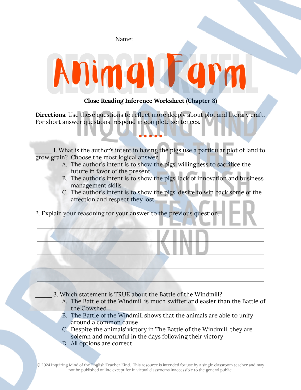 Animal Farm Chapter 8 Close Reading Analysis Worksheet and Answer 