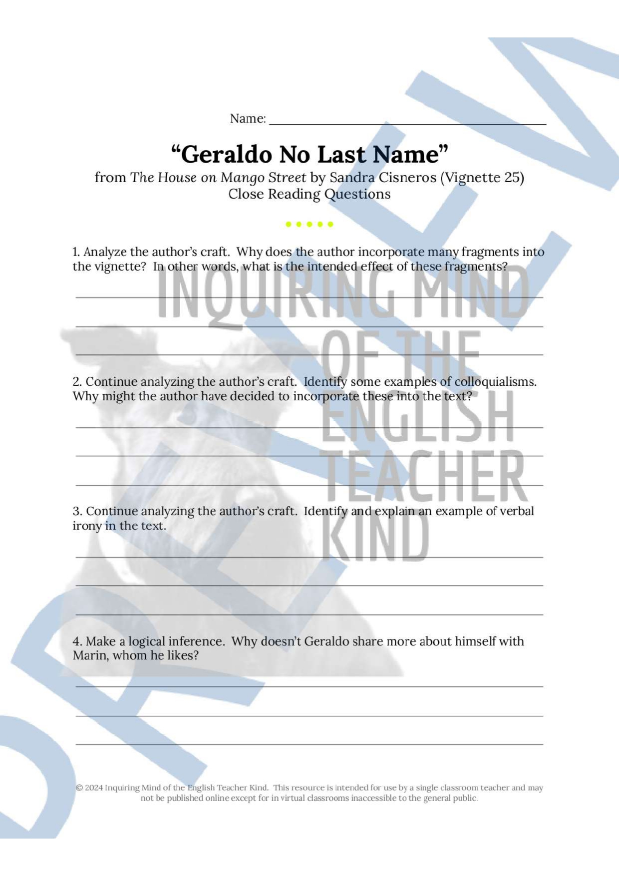 The House on Mango Street Geraldo No Last Name Inference Worksheet ...