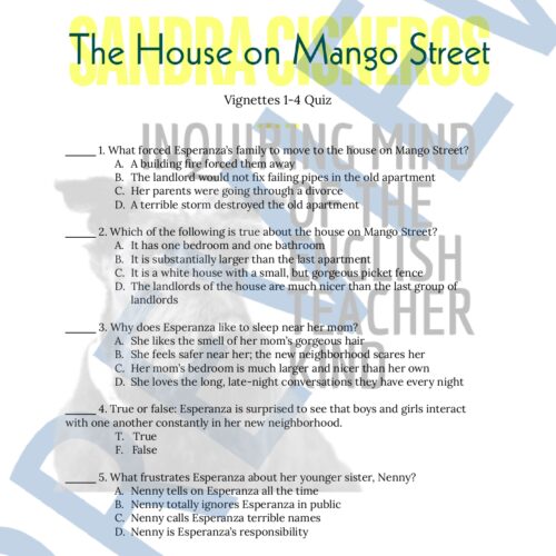 The House on Mango Street Vignettes 1 through 4 Quiz and Answer Key ...