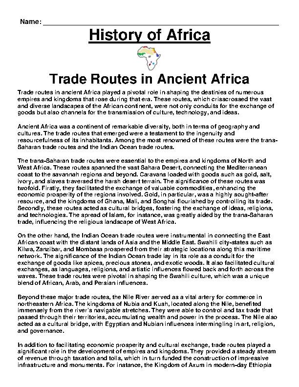 Ancient Africa- Trade Routes in Ancient Africa Assignment (PDF 