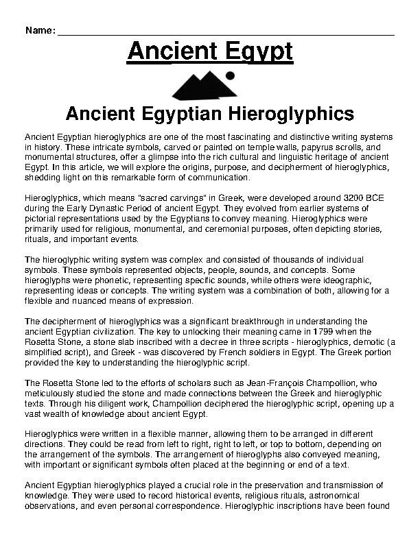 Ancient Egypt- Hieroglyphics Worksheet Assignment (pdf) - Classful