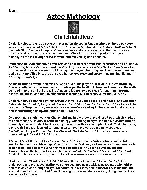 AZTEC MYTHOLOGY- Chalchiuhtlicue Article &amp; Questions Assignment 