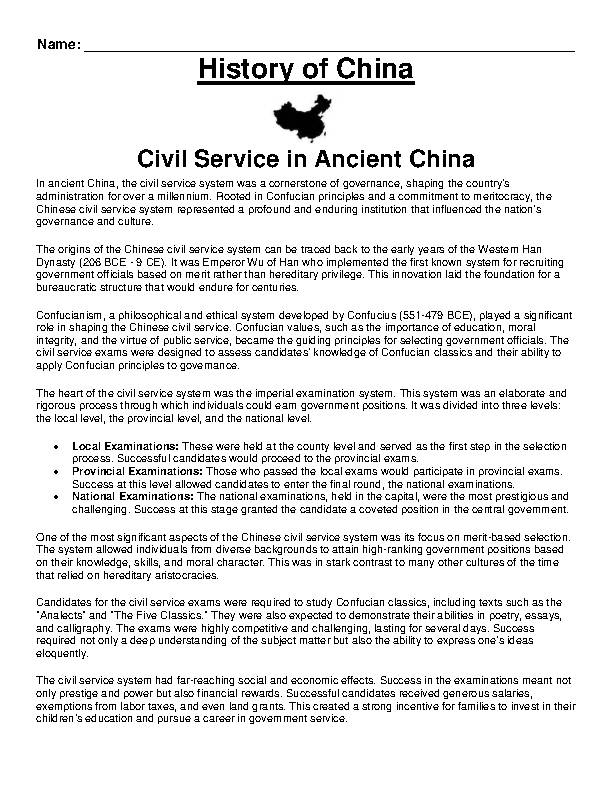 ANCIENT CHINA- Civil Service in Ancient China Article &amp; Questions 