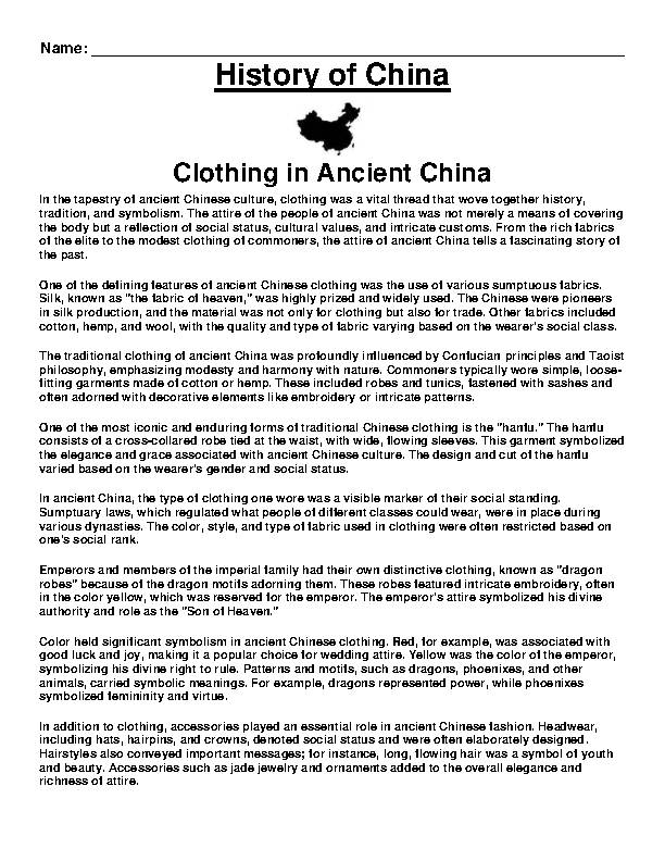 ANCIENT CHINA- Clothing in Ancient China Article &amp; Questions 