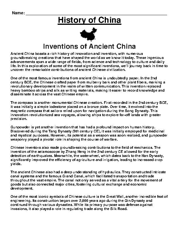 ANCIENT CHINA- Inventions of Ancient China Article &amp; Questions 