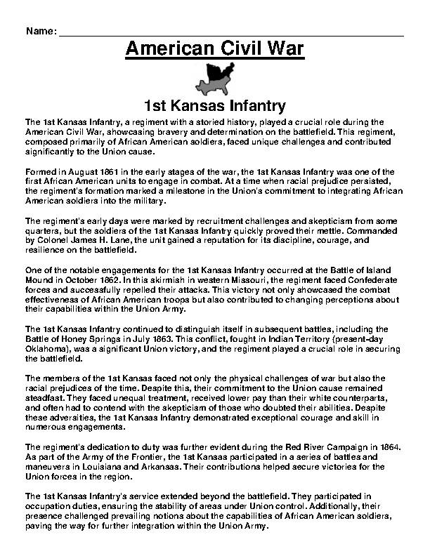 CIVIL WAR- 1st Kansas Infantry Article &amp; Questions Assignment 