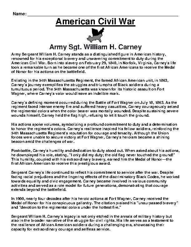 CIVIL WAR- Army Sgt. William H. Carney Article & Questions Assignment ...