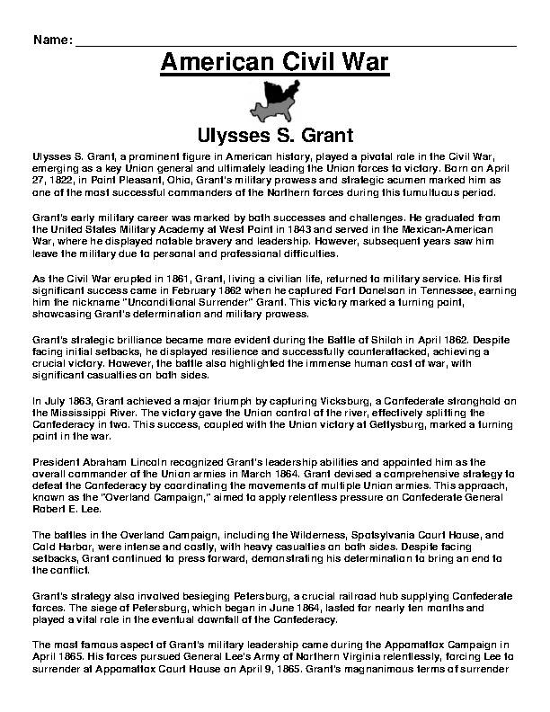 CIVIL WAR- Ulysses S. Grant Article &amp; Questions Assignment - Classful