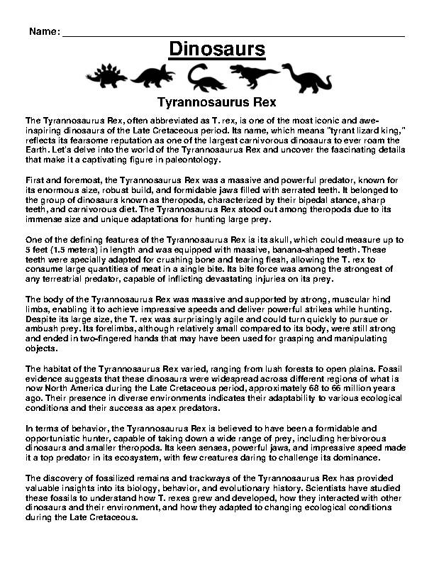 DINOSAURS- Tyrannosaurus Rex Article &amp; Questions Assignment - Classful