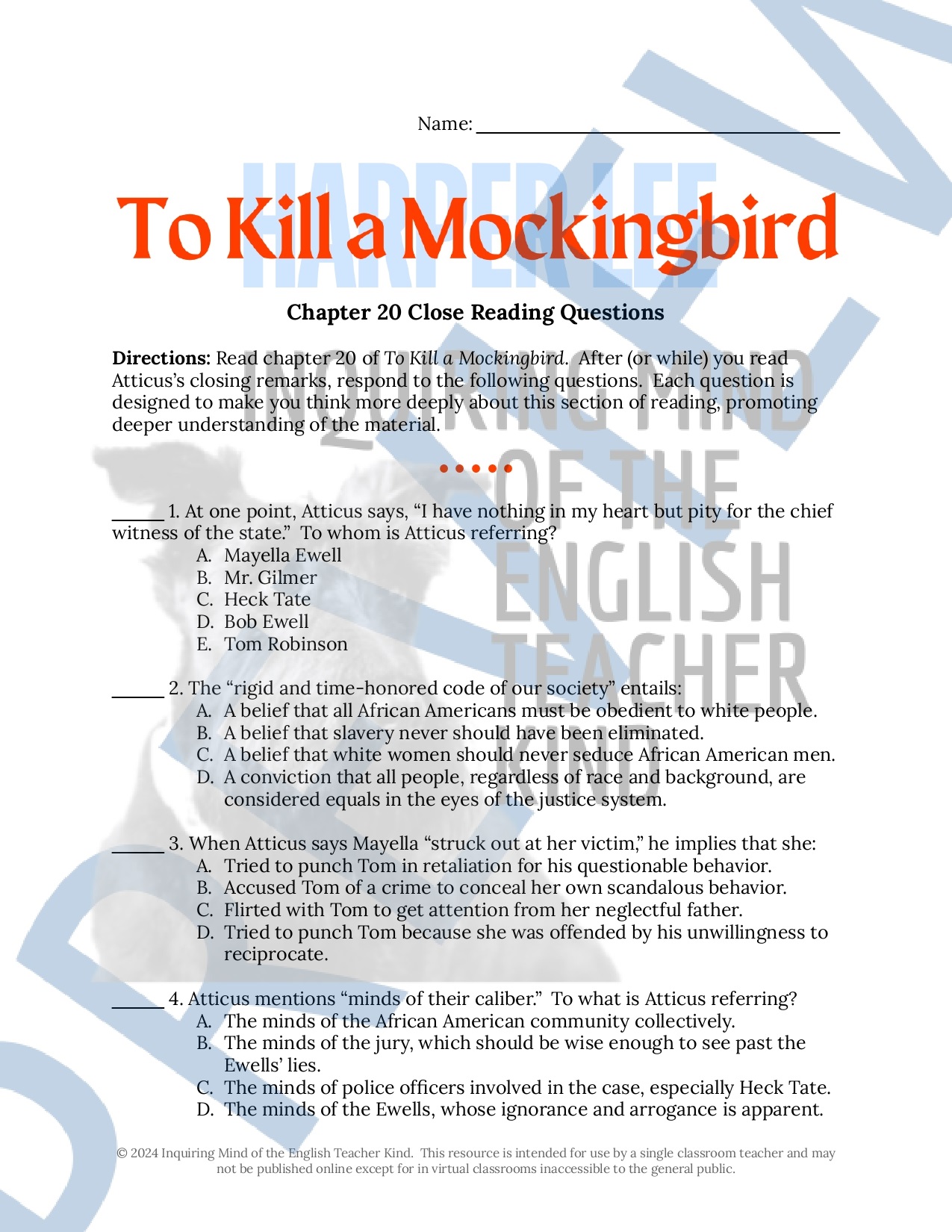 Chapter 12 To Kill A Mockingbird Analysis To Kill a Mockingbird Chapter 20 Close Reading Analysis Worksheet