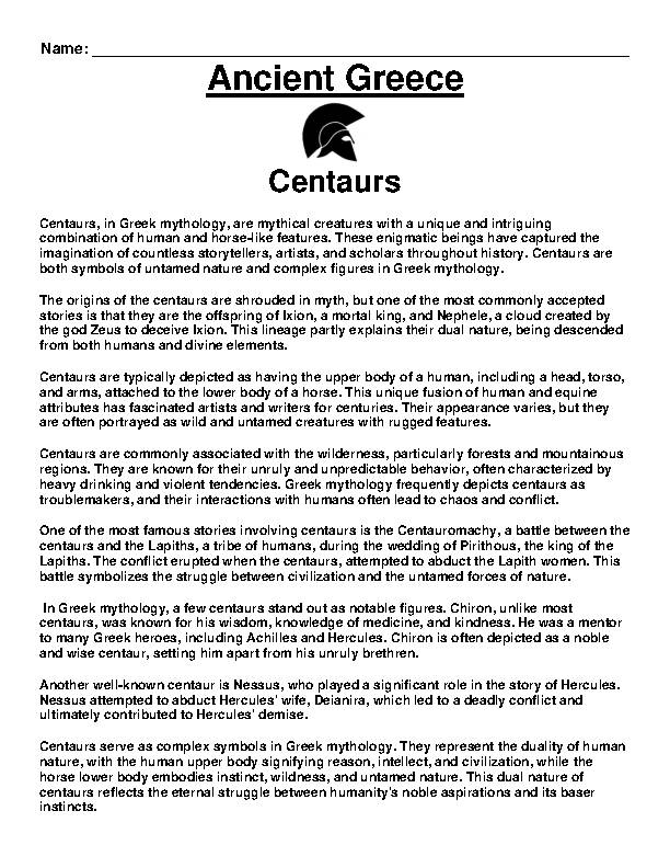 ANCIENT GREECE- Centaurs Article and Questions Assignment - Classful