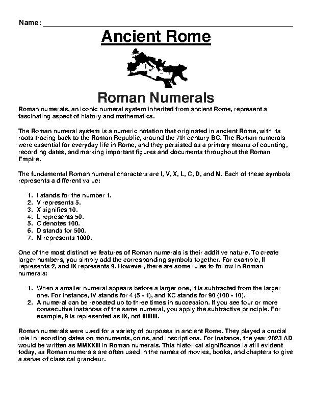 ANCIENT ROME- Roman Numerals Article and Questions Assignment 