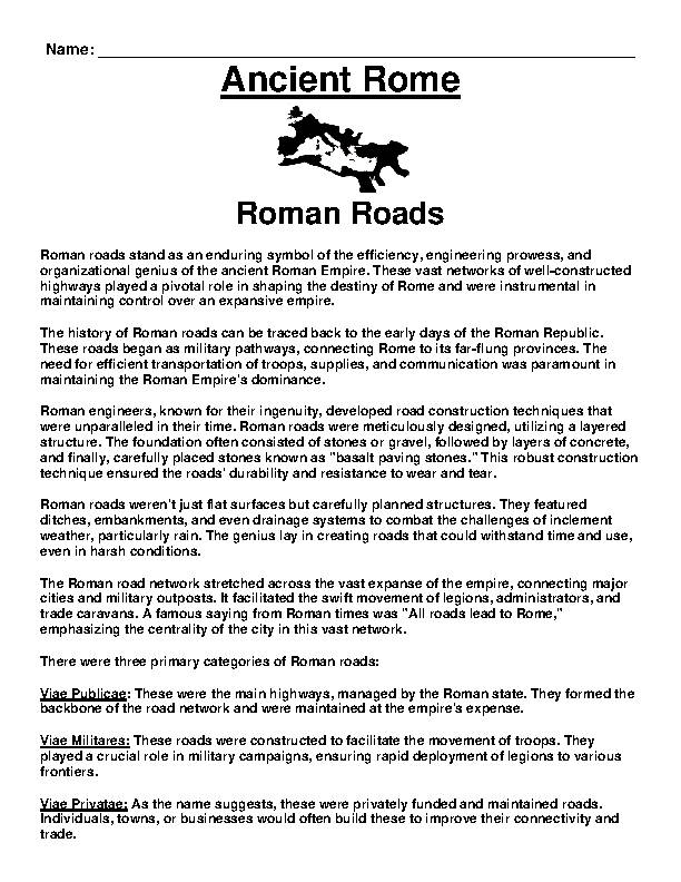 ANCIENT ROME- Roman Roads Article and Questions Assignment - Classful