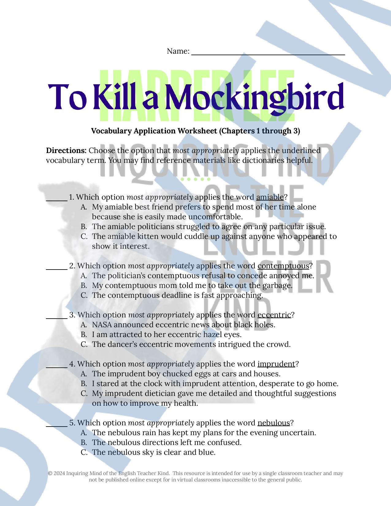 To Kill a Mockingbird Chapters 1-3 Quizzes, Inference Worksheets, and ...