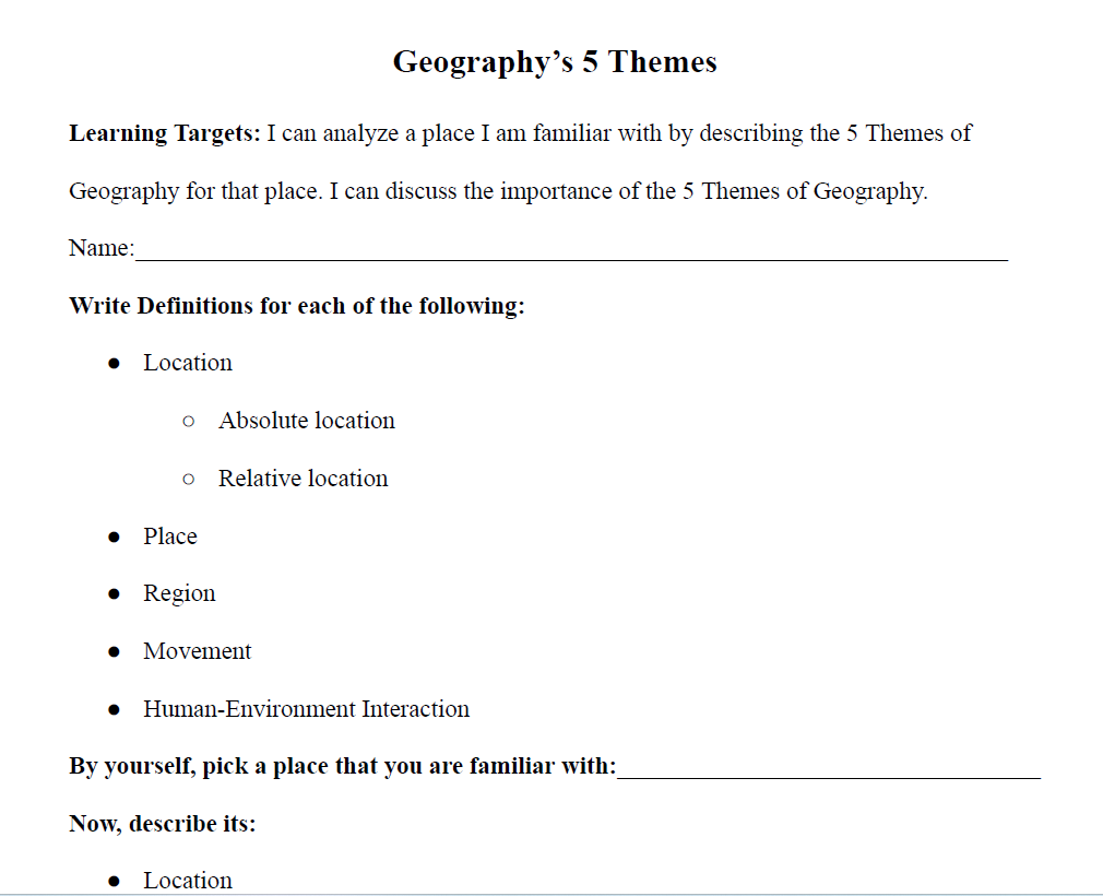 5 Themes of Geography Worksheet Classful