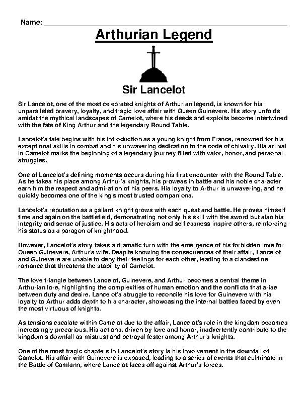 Arthurian Legend- Sir Lancelot Article and Questions Assignment 