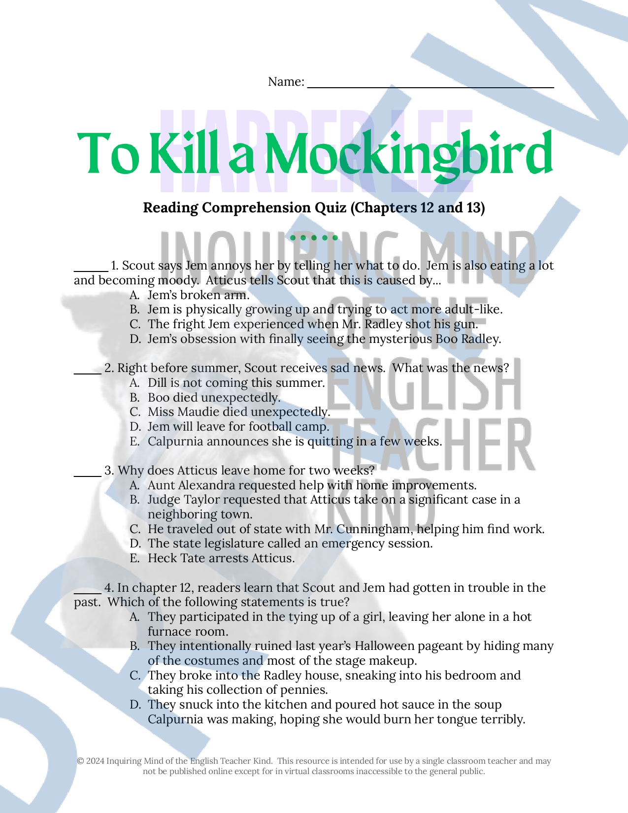 To Kill a Mockingbird Quiz and Answer Key Bundle for High School Classful To Kill a Mockingbird Quiz and Answer Key Bundle for High School Classful