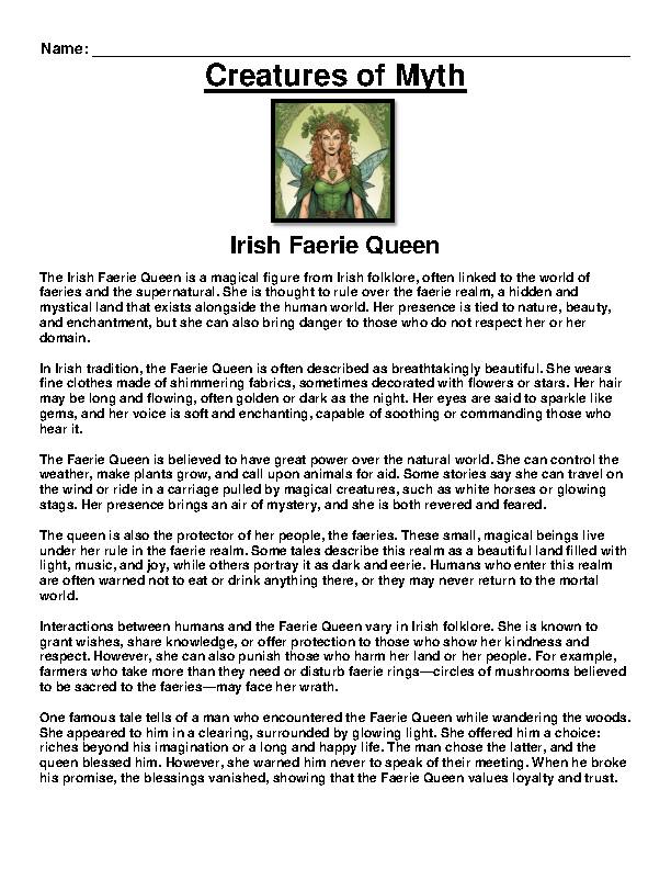 Irish Faerie Queen Article and Questions Assignment (Mythical 