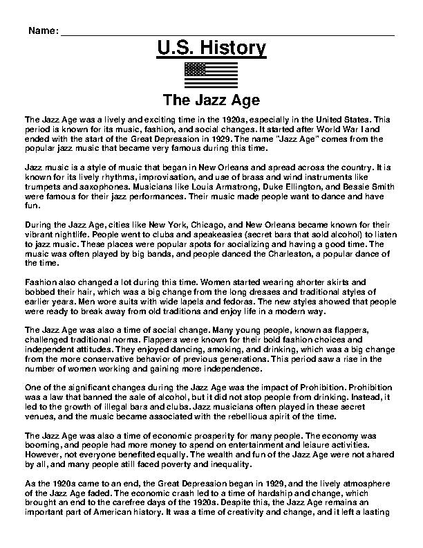 The Jazz Age Article and Questions Assignment (WORD and PDF 