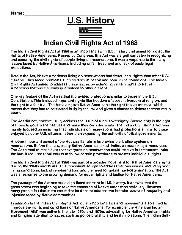 Indian Civil Rights Act of 1968 Article and Questions Assignment 