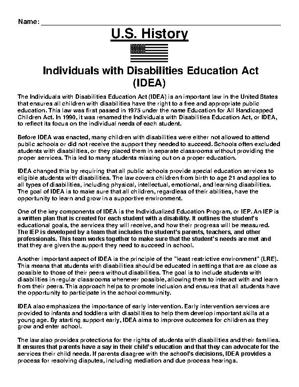 Individuals with Disabilities Education Act Article and Questions 