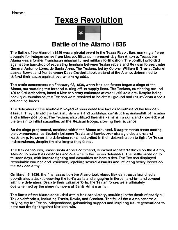 Texas Revolution- Battle of the Alamo 1836 Article and Questions ...